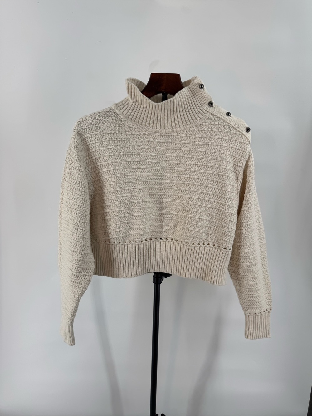 Cozy Button-Shoulder Cropped Turtleneck Sweater - Cream